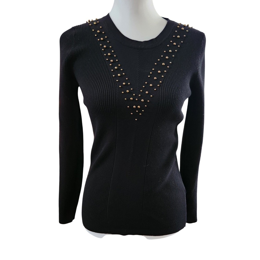 Tahari Black Ribbed Copper Studded L/Sleeve Sweater Top Women no size tag XS/S